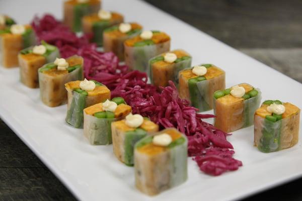 Roasted Butternut Squash & Asparagus Rolls topped with Spicy Mayo