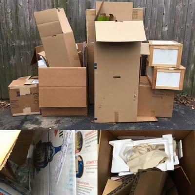 Boxes full of plastic/styrofoam/debris and very much NOT broken down left in driveway. Didn't know it was there until they had already gone.