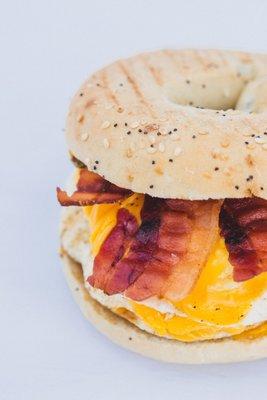 Bacon, egg, and cheese on an everything bagel.