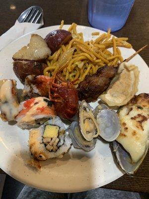 Sushi, clams, crawfish, potatoes, lo mein, oyster, fried dumpling