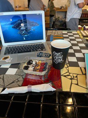 Chai latte and chia bowl.