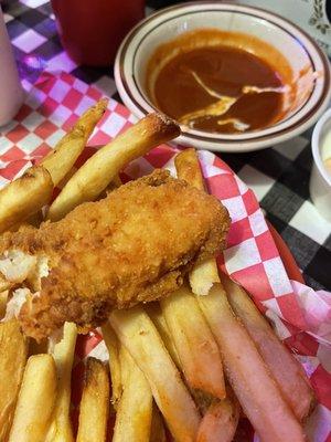 Dry chicken fingers and "Buffalo sauce"