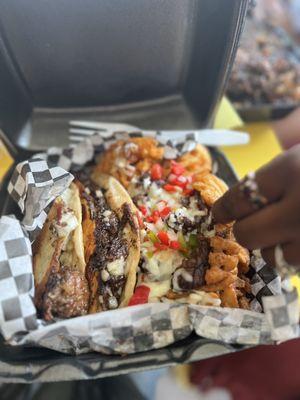 Oxtail tacos with oxtail fries