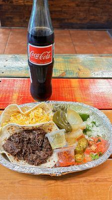 Barbacoa taco, Potato/Egg/Cheese taco, Mexican coke