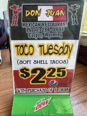 Taco Tuesday special sign.