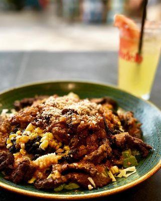 Veggie Shroom bowl - add skirt steak.  And the white sangria.