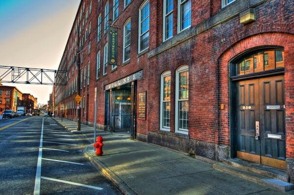 Mill No. 5 entrance and street view- Root Note Studio is located on the 4th floor, office #413