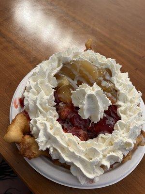 Funnel Cake with Fruit ; condensed milk sauce ; apples and strawberries topping