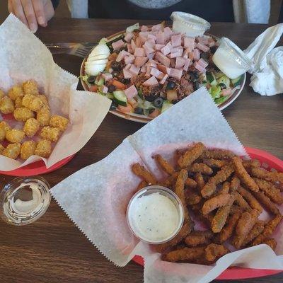 Chef's salad, fried green beans, and tater tots