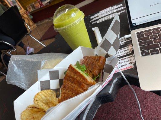 Smoked Salmon Melt. Kettle chips. 16 oz. Gluten Free The Mean Green Smoothie.  Ful