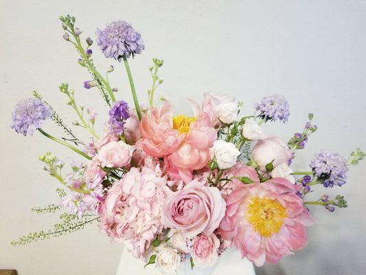 Best Mom Ever Arrangement - Design with Peonies, Scabiosa,  Stocks,  Roses, spray Roses and greenery.