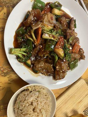 Szechuan beef with fried rice ($1 up charge for fried rice)