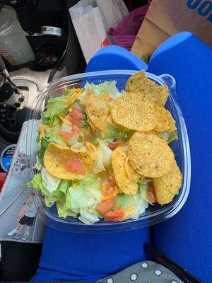 This was supposed to be a taco salad. There was no meat for my salad or any sauce or sour cream it was supposed to come with.