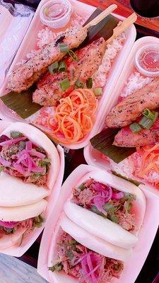 Chicken skewers, pork bao buns