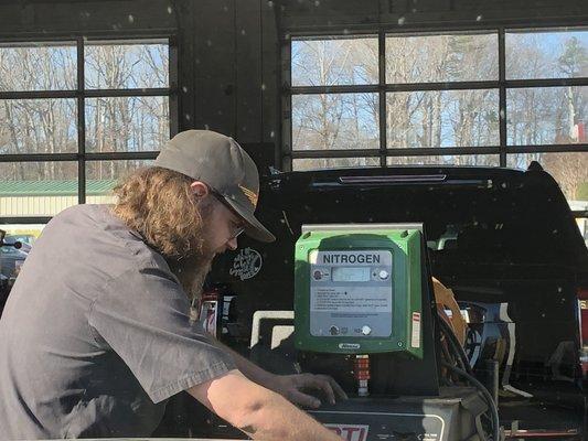 Getting our tires filled with nitrogen.