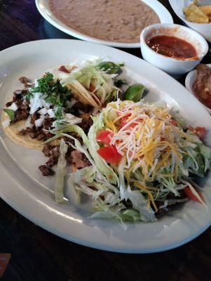 Carne asada taco, chicharron taco, carne asada tostada and beans