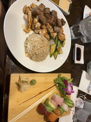 hibachi steak and chicken combo dinner (left), rainbow roll (right)