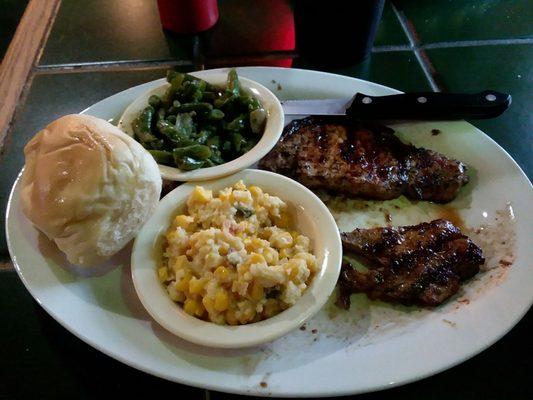 Spicy Chipotle Grilled Pork Chops with green beans, corn casserole and a roll, yummy!