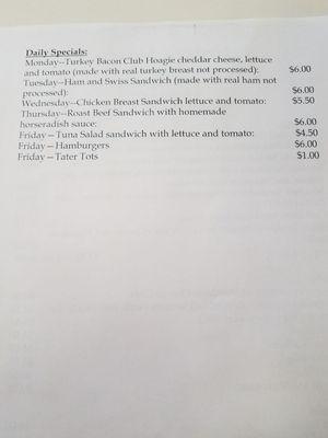 Daily Sandwich Specials Menu