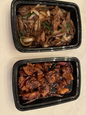 Mongolian beef and tangerine chicken.