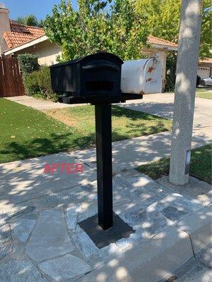 Finished product: Powder-coated metal post and mailbox perfectly level, base cleanly squared. Mailbox post is stronger than it's ever been!