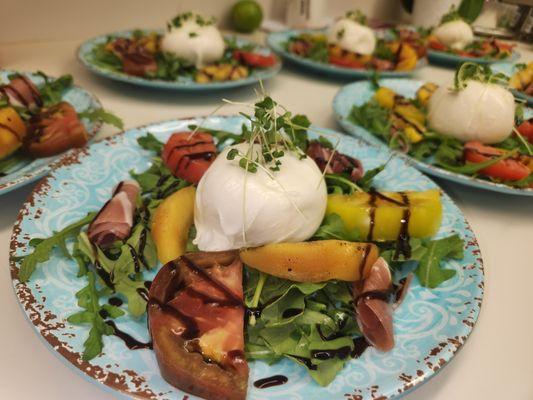 Heirloom Tomato Burrata with Arugula, Prosciutto, Grilled Peaches & Balsamic Glaze