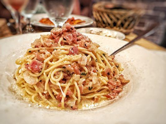 Spaghetti alla Carbonara, so rich and creamy. The best!