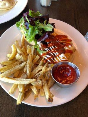 Angry rooster with parm fries