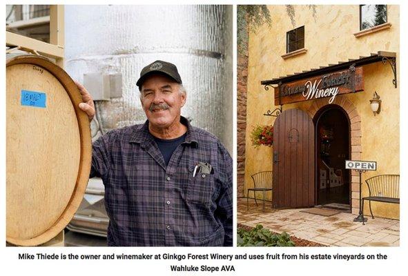 Mike the owner and wine maker and grape grower taking a pic next to a barrel and the outside of our Prosser tasting room when it was open