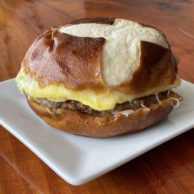 Our new breakfast sandwich featuring Turkey Sausage, Egg, Pepper Jack,  Chipotle Mayo on a Pretzel Bun.