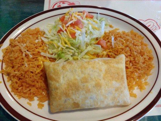 Shredded beef chimichanga with double rice (instead of beans).  Not pictured-side gauc and sour cream