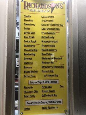 Ice cream menu