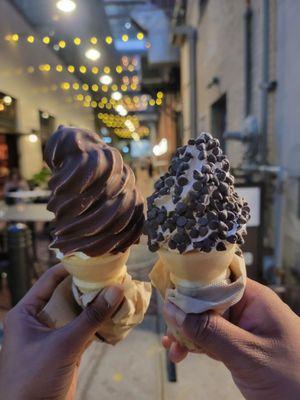 Regular cone with chocolate dip (left) and kids cone with chocolate chips (right)