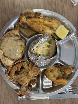 Captains platter. Oysters are atop of the shrimp