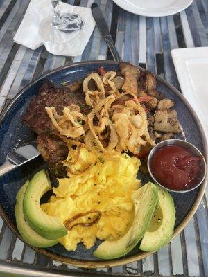 Steak and eggs added avocado slices which came on the side but I added them into my plate for the photo!