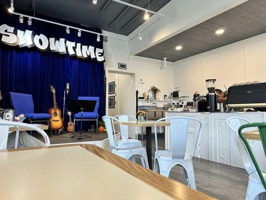 Stage and coffee bar.