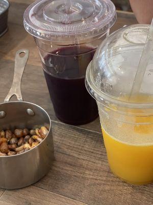 Fried corn table nibbles.The Purple corn drink tis made from purple corn. The yellow one is a frozen Passion Fruit drink!