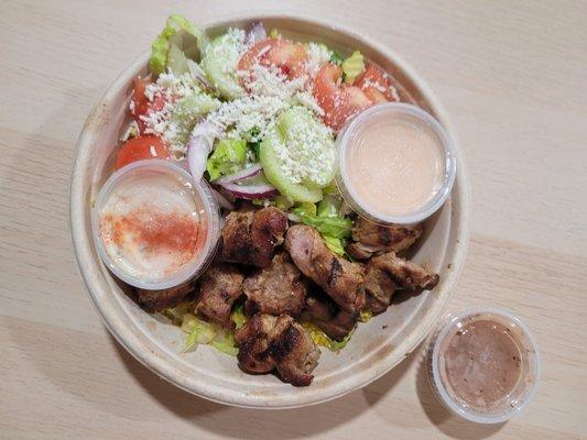 pork souvlaki gyro bowl (all sauce and dressing on side)