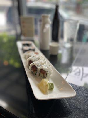 Two roll sushi lunch!  Spicy Tuna and Saki Maki rolls, both were tender, fragrant, and mild.