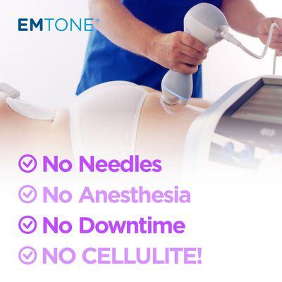 The EMTONE treats loose skin and cellulite and feels like a deep tissue massage.