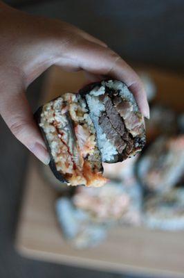 Flank Kalbi Musumi 7'' Log Unagi, Crawfish Musubi 7'' Log -@hungry_beluwuga