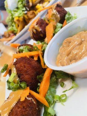 Crispy Asian Chicken Meatballs w/ peanut sauce