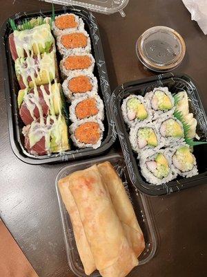 Bonsai Roll and Spicy Spicy Tuna Crunch, California Roll and Home Made Pork Egg Rolls