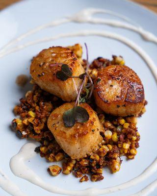 Scallops with roasted corn, chorizo, chili-lime butter