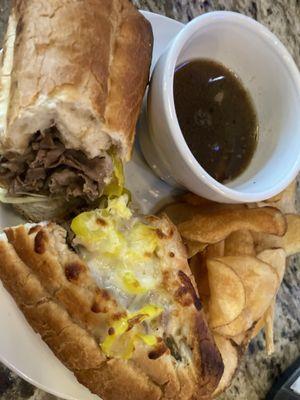 Italian beef.  Nice mild peppers and perfectly fried chips!