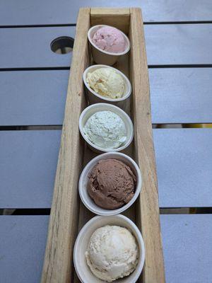 From top to bottom: rose, koolfi, tulsi, vegan dark chocolate, and jackfruit/coconut.