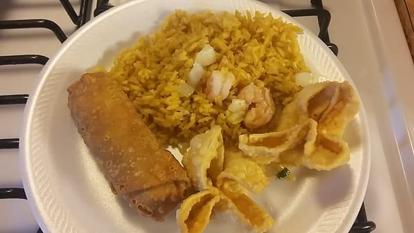 Shrimp fried rice, egg rolls and crab Rangoon