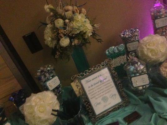 Teal, cream & white centerpiece Jenna at O'Malley's made for a beach glam themed candy buffet for a Bridal Show in March 2014.