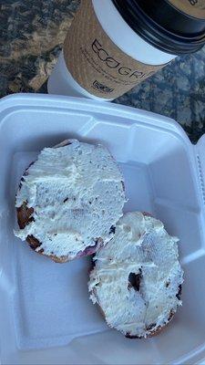 Cinnamon honey latte & blueberry bagel with cream cheese