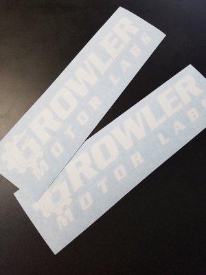 Custom white decals for Growler Motor Labs in Plano!